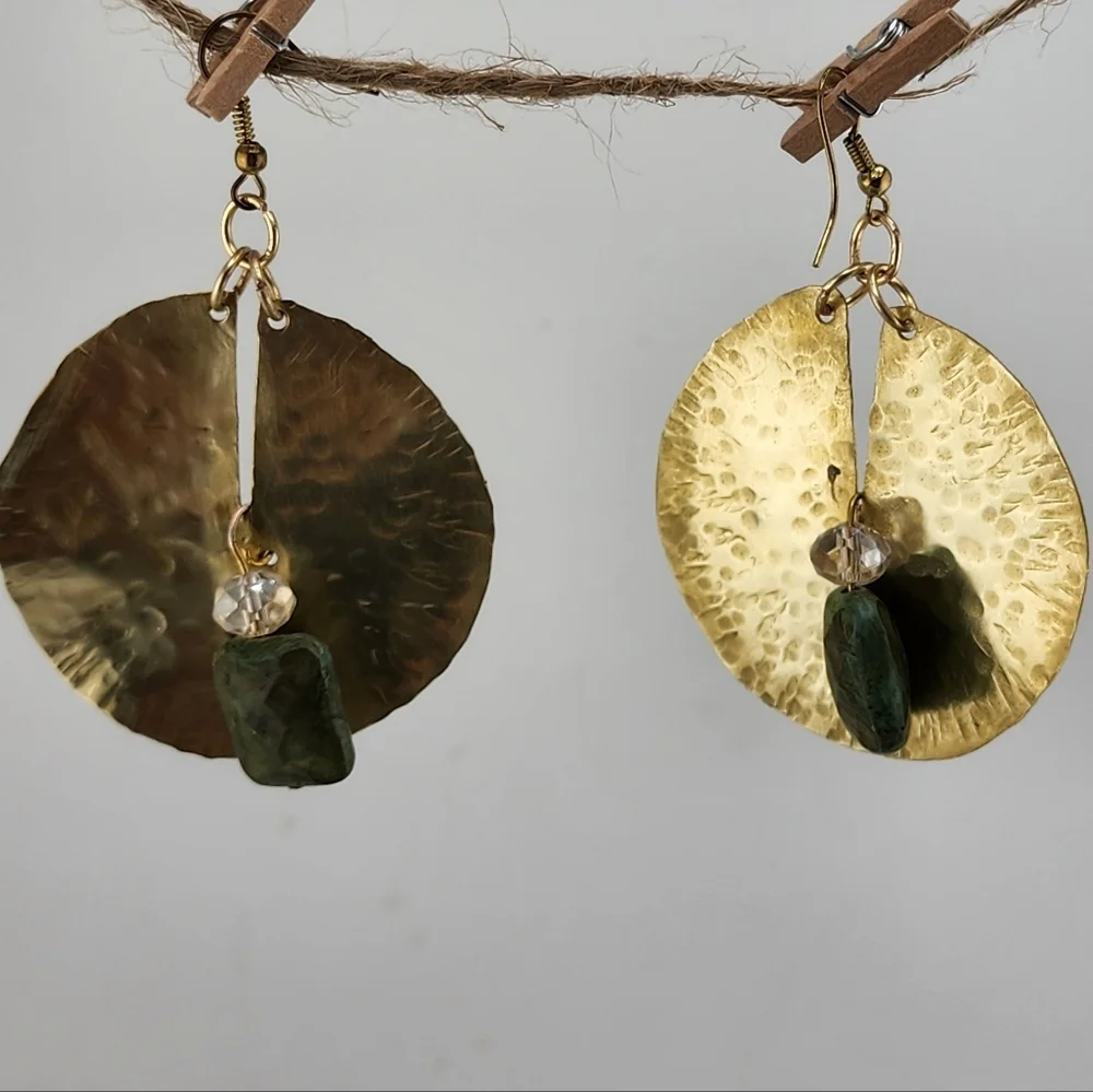 BRASS & AGATE CIRCLE EARRING MAXIMILIST DESIGN HANDMADE STATEMENT JEWELRY